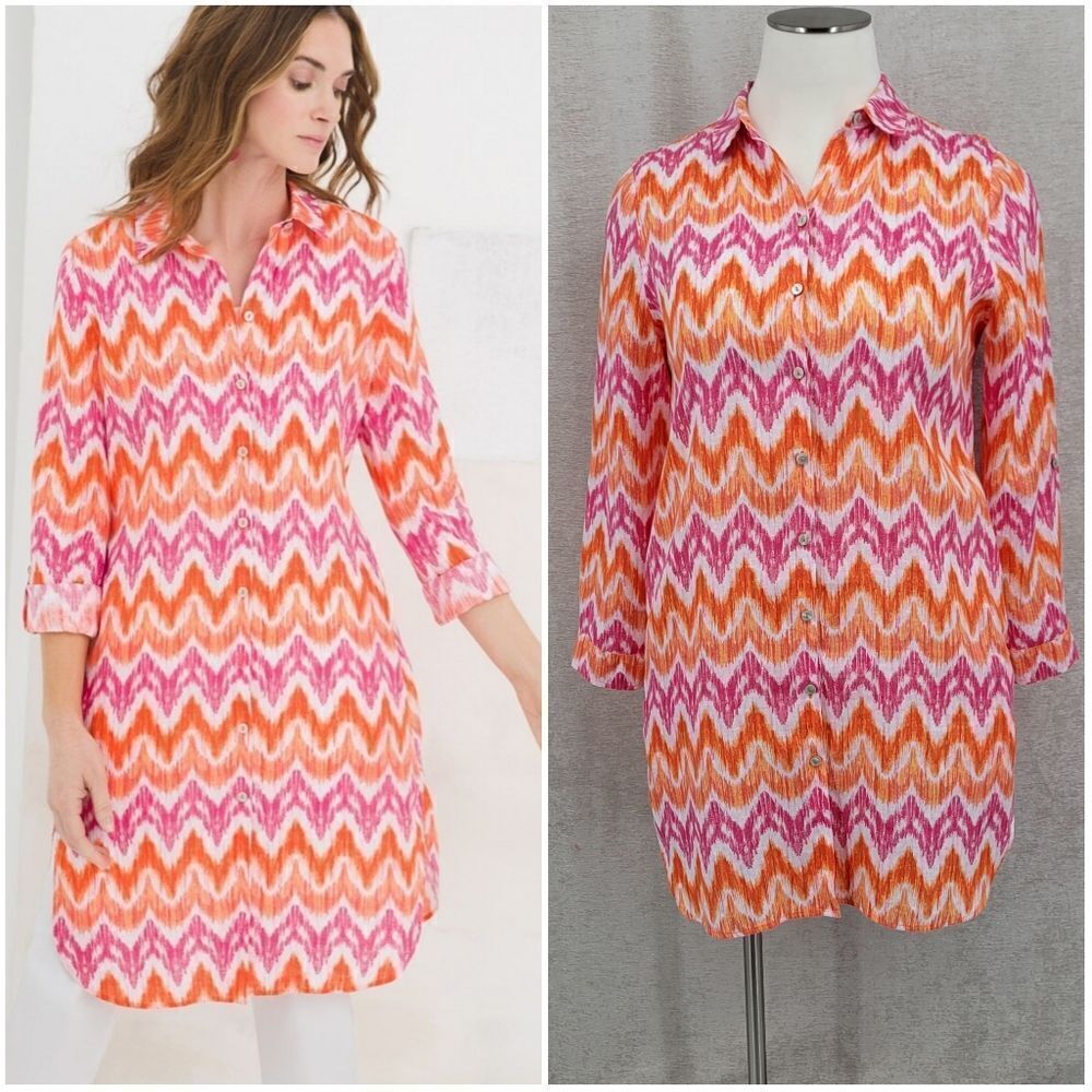 Chico's No Iron Linen Pink Orange Chevron Maxi Shirt Tunic Size 3 Women's Plus
